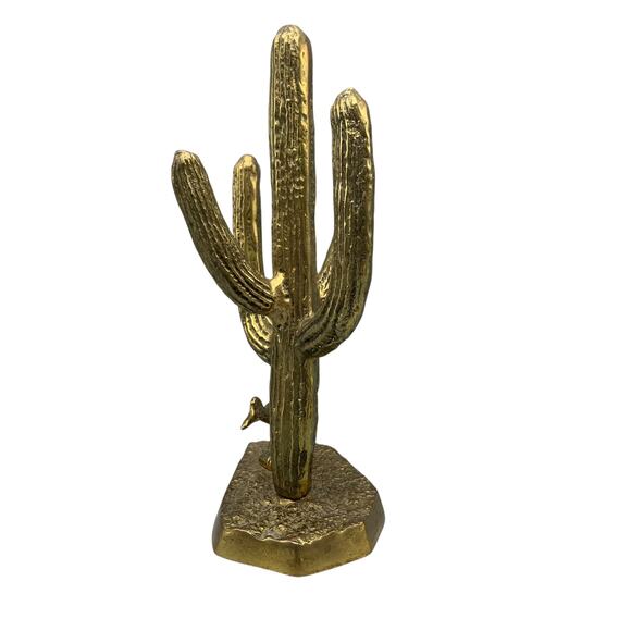 Vintage Brass Saguaro Cactus Roadrunner Statue Southwestern Decor 60s MCM - Picture 2 of 7